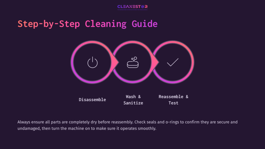 Step-By-Step Guide For Cleaning An Ice Cream Machine, Featuring Icons For Disassembling, Washing, And Reassembling With A Dark Background.
