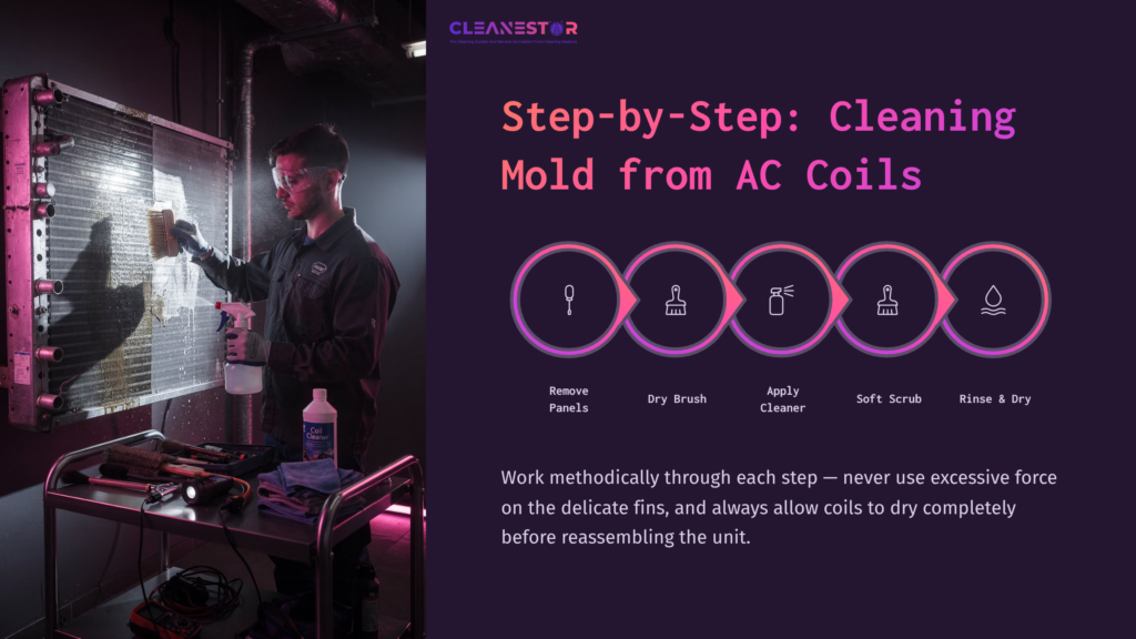A Technician In A Dark Setting Cleans Air Conditioner Coils, Using A Brush And Cleaner, Surrounded By Illuminated Tools And Instructions.