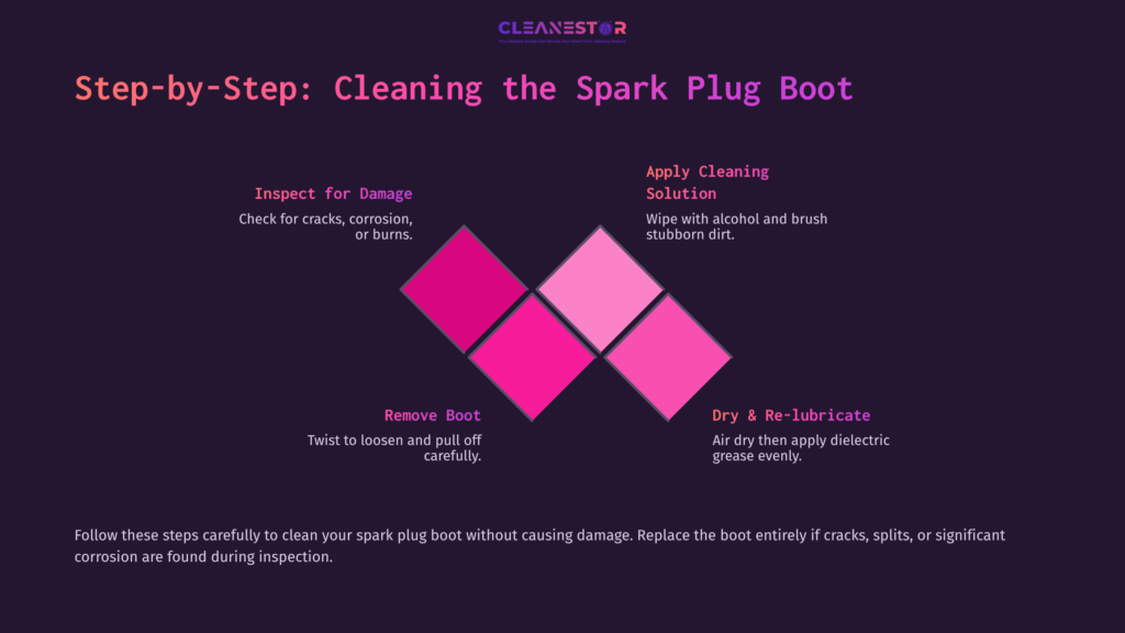 Infographic With Step-By-Step Instructions For Cleaning A Spark Plug Boot, Using Pink And Purple Colors, With Icons And Clear Text.