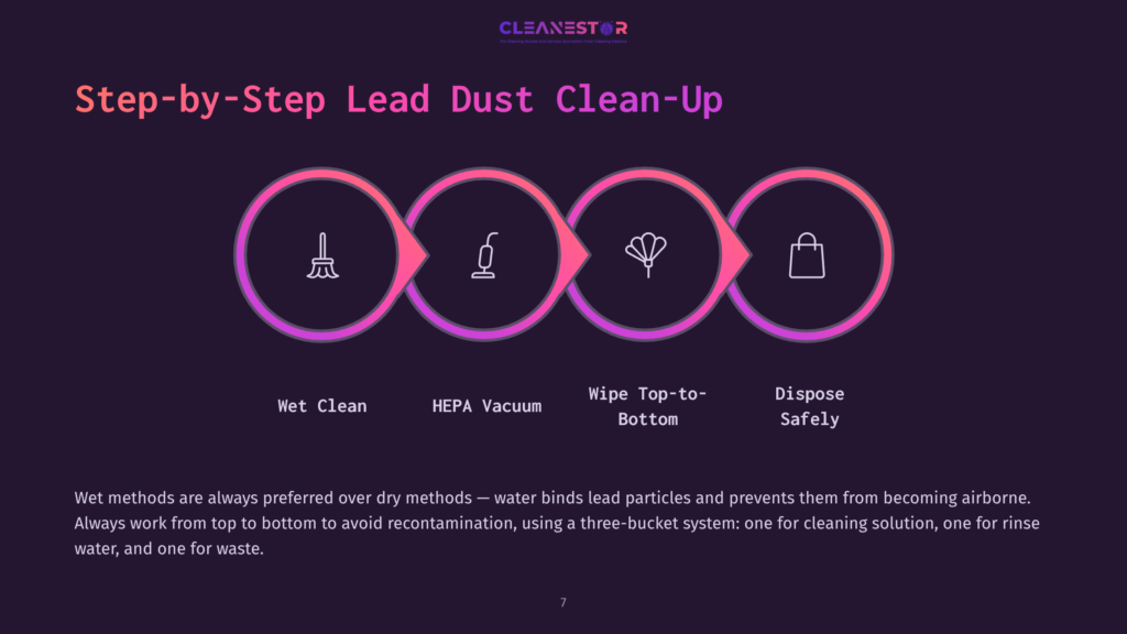 Four Pink Circles With Icons Illustrating Cleaning Steps: A Vacuum, A Cleaning Cloth, And A Bag, With Text Outlining The Process.