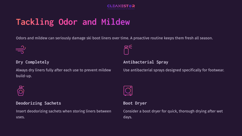 Text On A Dark Purple Background Outlines Tips For Cleaning Ski Boot Liners, Featuring Icons For Drying, Sprays, Deodorizers, And Dryers.