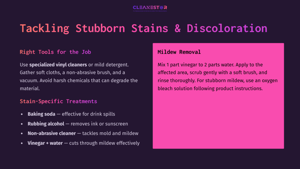 Graphic Detailing Cleaning Methods For Vinyl Golf Cart Seats, Featuring Bold Text On Stain Treatment Tips With Pastel Pink And Dark Backgrounds.