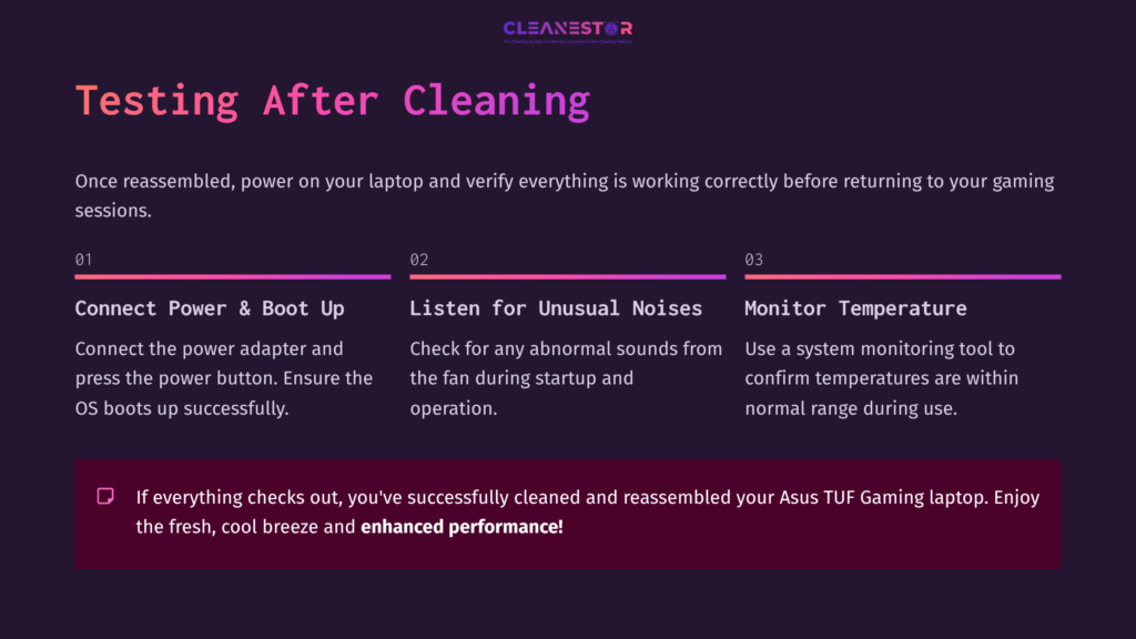 Instructions For Testing A Laptop After Cleaning, Featuring Sections On Connecting, Listening For Noises, And Monitoring Temperature. Background Is Purple.