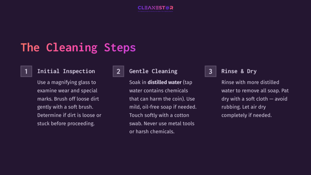 7 The Cleaning Steps Instructions For Cleaning A 1901 Indian Head Penny, Featuring Three Steps: Initial Inspection, Gentle Cleaning In Distilled Water, And Rinsing/Drying. Text Is Set Against A Dark Purple Background.
