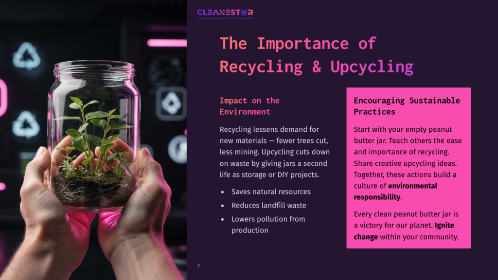 A Glass Jar With A Small Plant Inside Sits On A Table, Surrounded By Neon-Like Pink Lights, Emphasizing Recycling And Sustainability.