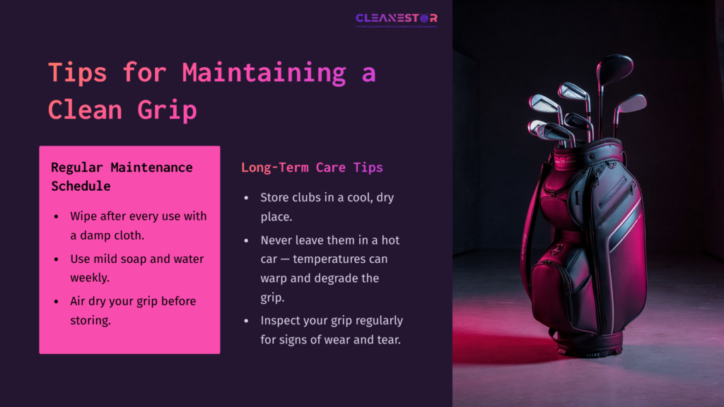 Putter Grip Care Tips With A Black Golf Bag And Clubs On A Purple-Blue Background, Featuring Maintenance Advice In White Text.
