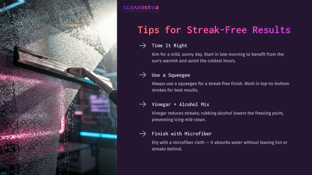 A Hand Using A Squeegee On A Wet Window With Streak-Free Cleaning Tips Listed In White Text On A Purple Background.