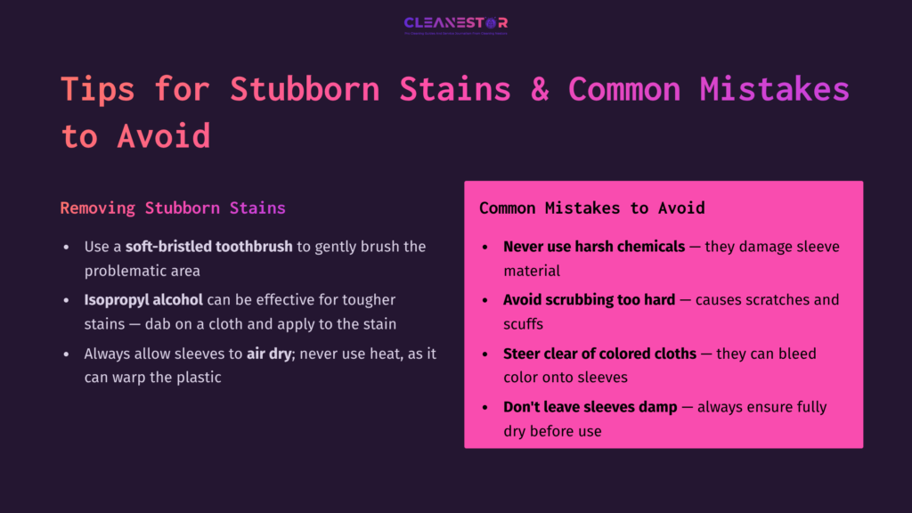 Graphic With A Purple And Pink Background Featuring Tips For Cleaning Dragon Shield Sleeves, Including Stain Removal Methods And Common Mistakes To Avoid.
