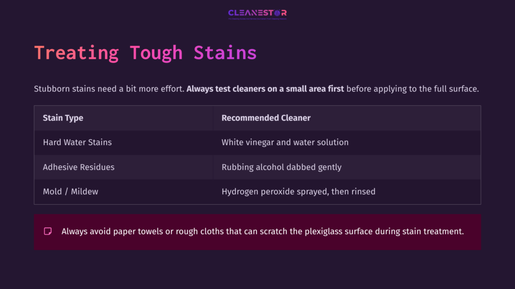 Table Outlining Stain Types, Recommended Cleaners, And Care Tips For Cleaning Plexiglass. Background Features A Gradient From Dark Purple To Black.