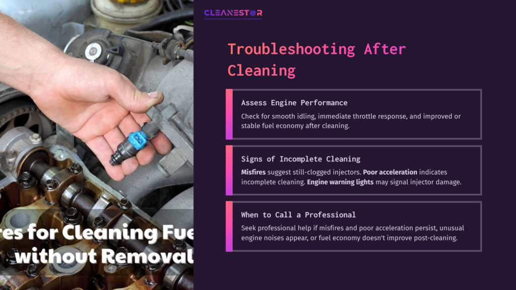 A Hand Holding A Fuel Injector Near An Engine, With Text Boxes Outlining Troubleshooting Tips For Injector Cleaning.