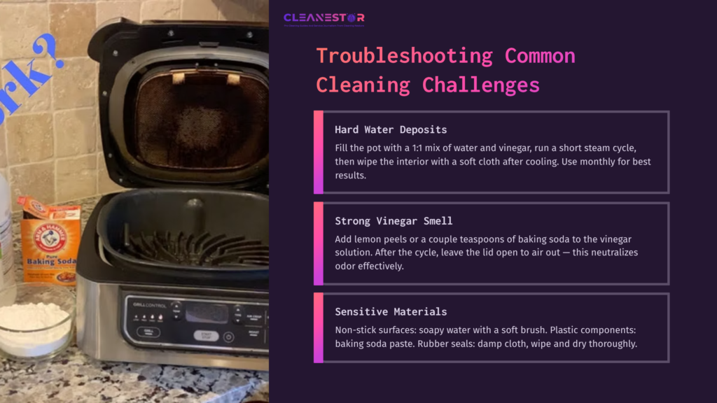 Close-Up Of A Ninja Foodi With A Dark Interior, Surrounded By Cleaning Tips In Purple Text Highlighting Vinegar And Baking Soda Solutions.