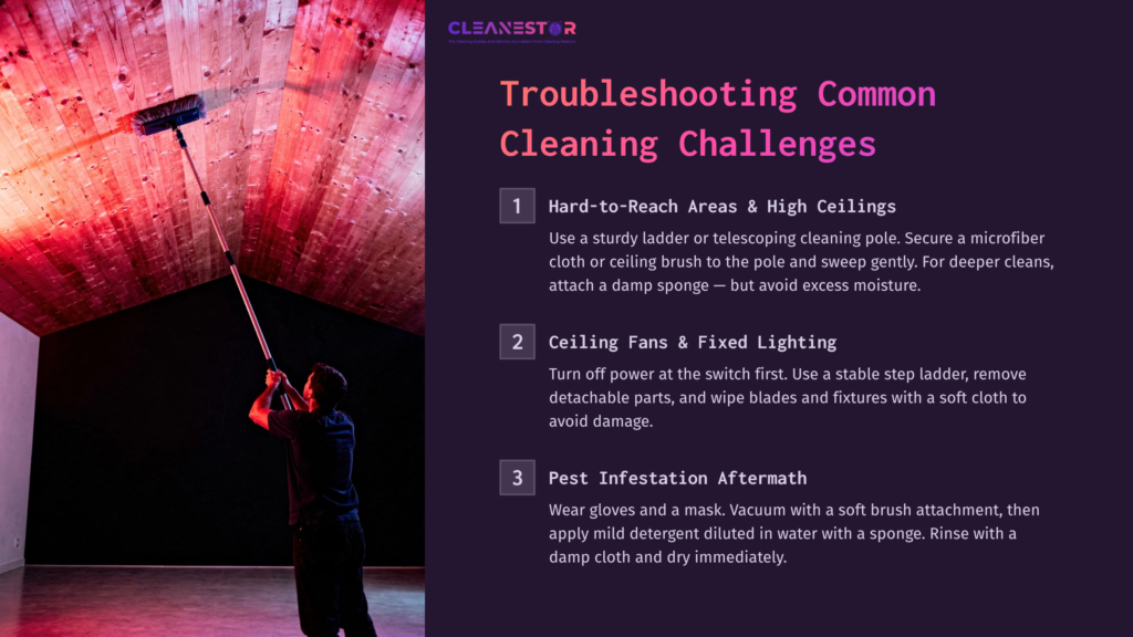 A Person Using A Long Cleaning Pole On A Wooden Tongue And Groove Ceiling, With A List Of Troubleshooting Tips Nearby.