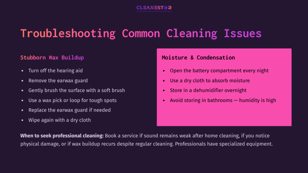 Instructional Graphic On Cleaning Phonak Hearing Aids, Featuring Troubleshooting Tips, A Dark Background, And Colorful Text Highlights.