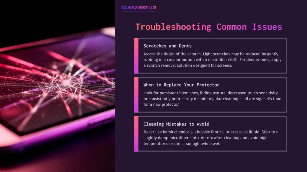 A Smartphone Screen With Visible Scratches And Cracks, Illuminated By Purple And Pink Lighting, Accompanied By Troubleshooting Text.
