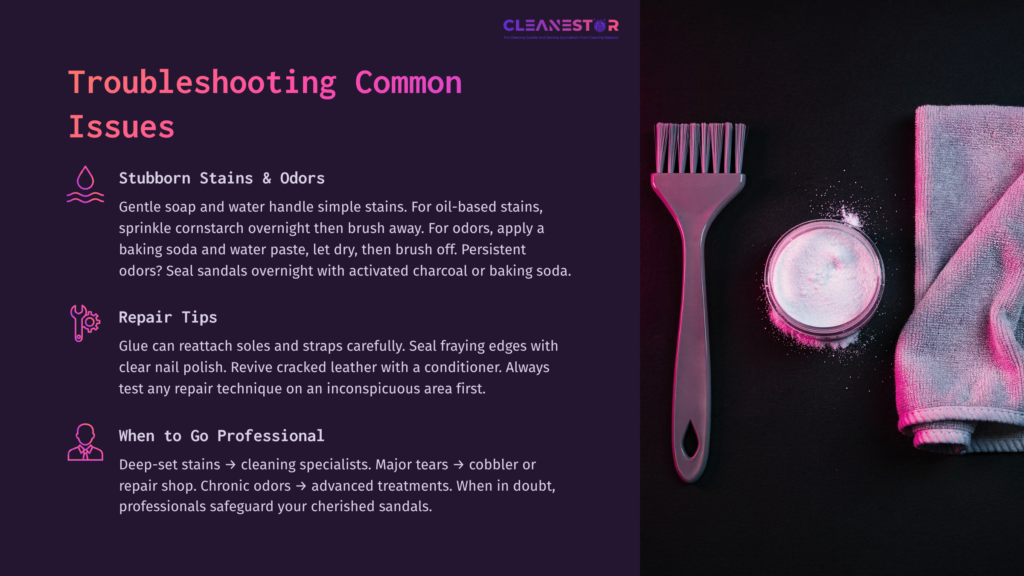 7 Troubleshooting Common Issues 12 White Cleaning Brush Beside A Bowl Of Pink Powder, With A Towel And Instructions On Managing Stubborn Stains And Repairs For Sandals.