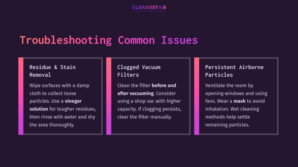Three Colorful Panels On A Dark Background; Topics Include Stain Removal, Clogged Vacuum Filters, And Airborne Particles, With Key Cleaning Tips.