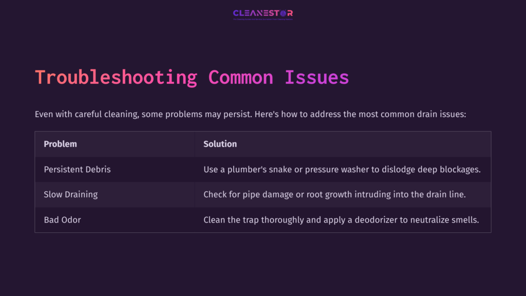 Table Displaying Common Pool Deck Drain Issues, With &Quot;Problem&Quot; And &Quot;Solution&Quot; Headers In Pink On A Dark Background.
