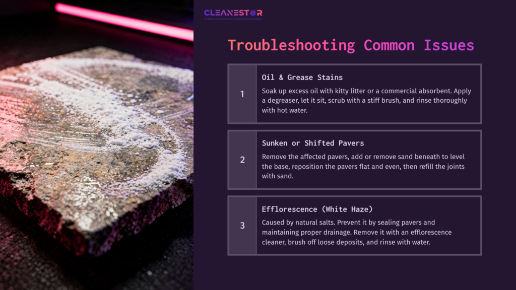 7 Troubleshooting Common Issues 16 A Textured Paver With Stains, Alongside Troubleshooting Tips In White Text Against A Dark Background With Purple Lighting Accents.