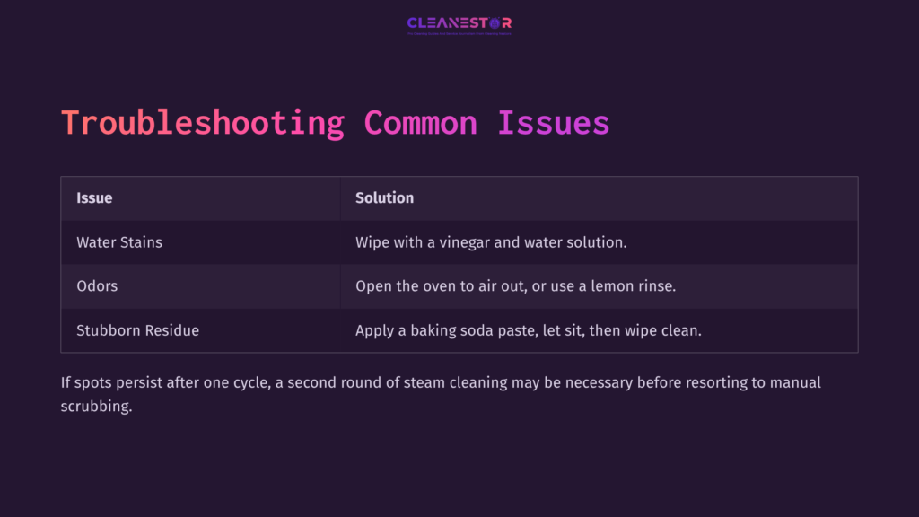 Table With Troubleshooting Tips For Steam Cleaning An Oven: Issues Like Water Stains And Odors, Along With Solutions, In Purple And White Text.