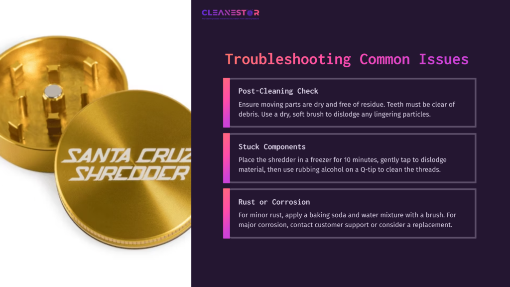 Gold Santa Cruz Shredder On Left, Troubleshooting Tips In Purple Text On Right, Highlighting Post-Cleaning Check And Rust Removal.