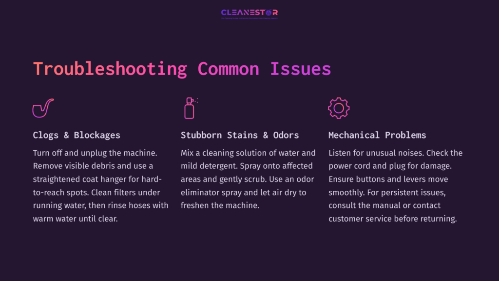 Purple Background With White Text Outlining Troubleshooting Tips For A Rug Doctor, Including Issues Like Clogs, Stains, And Mechanical Problems.