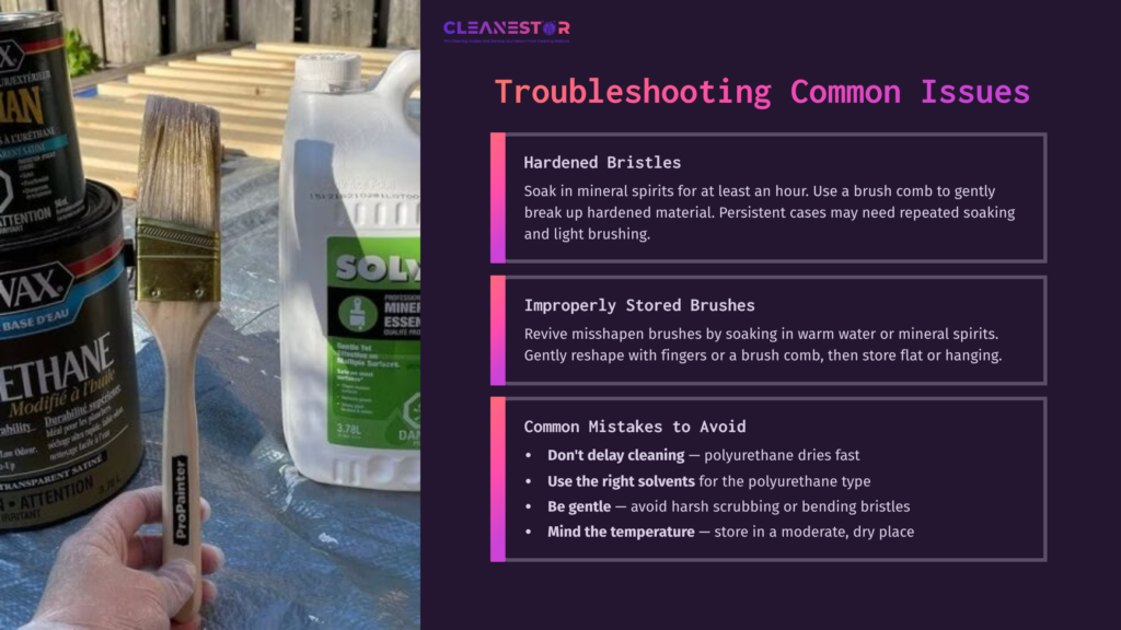 Preventive Tips For Cleaning Brushes With Polyurethane, Featuring A Container Of Solvent, A Brush, And A Guide On Common Issues And Mistakes.