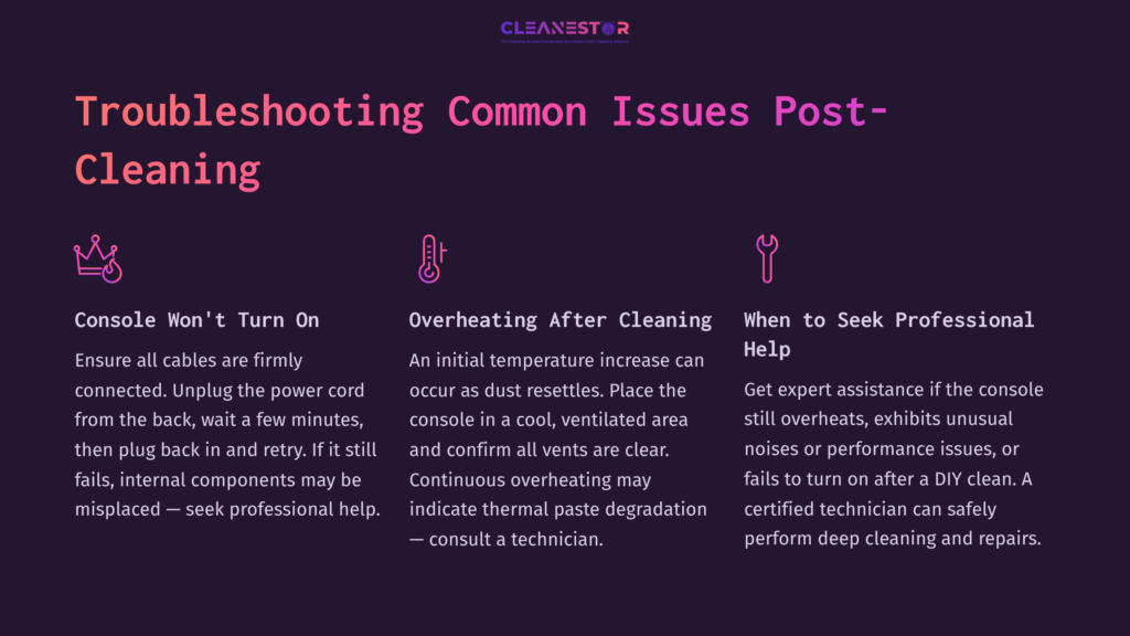 Textual Instructions For Troubleshooting Ps3 Issues Post-Cleaning, Featuring Icons For Power, Overheating, And Assistance, On A Dark Background.