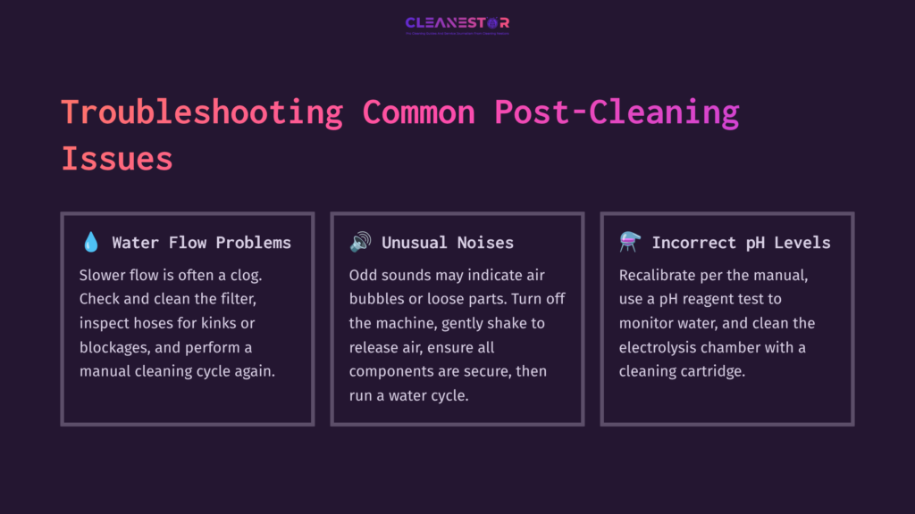 Text On A Dark Background Outlines Solutions For Troubleshooting Water Issues, Unusual Noises, And Ph Levels In Kangen Machines.