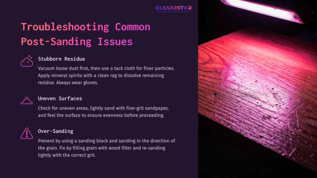 A Wooden Surface Under Pink Lighting, Showing Sanding Marks, With A Sanding Block And Tack Cloth Beside It. Text On The Left Highlights Cleaning Tips.