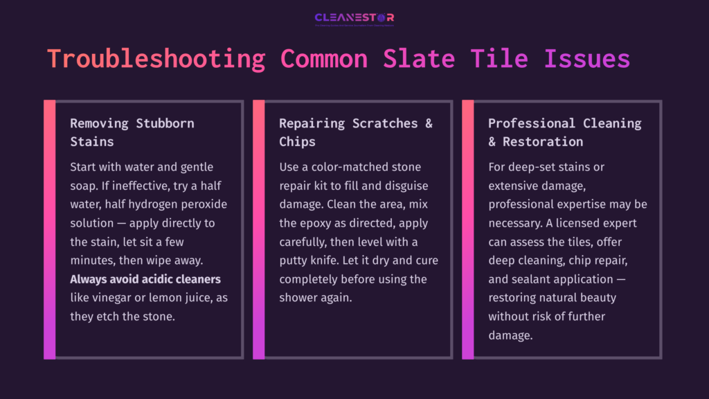 7 Troubleshooting Common Slate Tile Issues Textual Infographic On Cleaning And Maintaining Slate Tiles, Featuring Sections On Stubborn Stains, Repairs, And Professional Restoration.