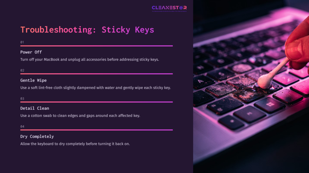Purple Background With White Text Outlines Steps For Cleaning A Macbook Keyboard, Featuring A Close-Up Of A Keyboard With A Cleaning Cloth.