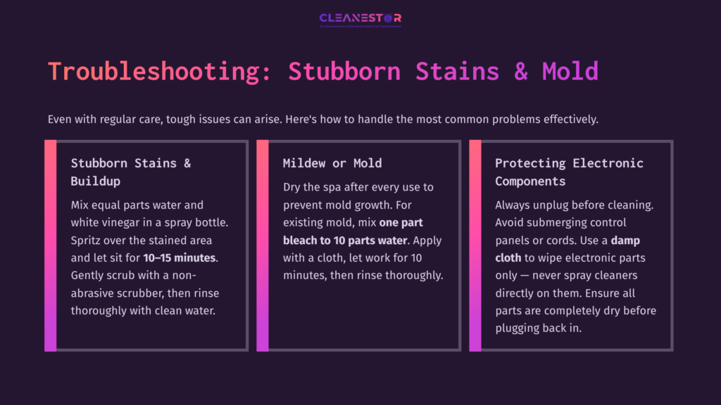 Two Columns Of Text On A Dark Background, Outlining Troubleshooting Tips For Cleaning A Foot Spa, Including Mold And Stain Solutions.