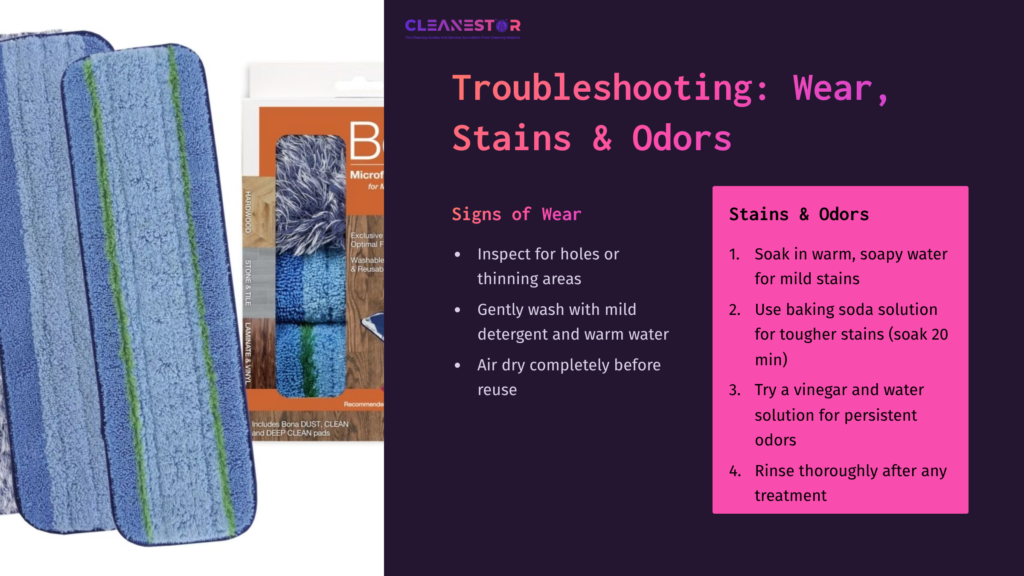 7 Troubleshooting Wear Stains And Odors Bona Pad And Packaging On A Wooden Surface, With Troubleshooting Tips For Stains And Odors In Text Format.