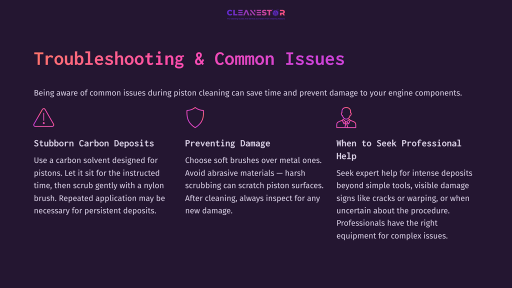 Infographic Outlining Troubleshooting Tips For Cleaning Piston Heads, Featuring Bold Headings, Purple Accents, And A Clear Layout.