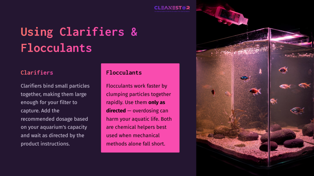 A Dark Aquarium With Colorful Fish Swimming, Illuminated By Soft Lighting, Alongside Text On Clarifiers And Flocculants For Water Clarity.