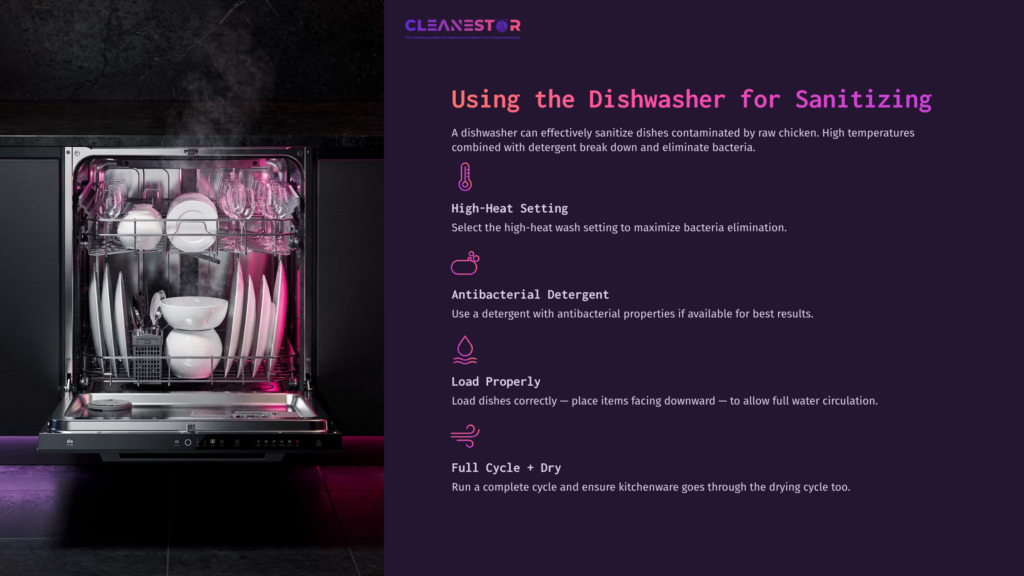 A Dishwasher Loaded With Sanitized Dishes, Featuring A Purple And Black Color Scheme, With Steam Rising And Clear Instructions Beside It.