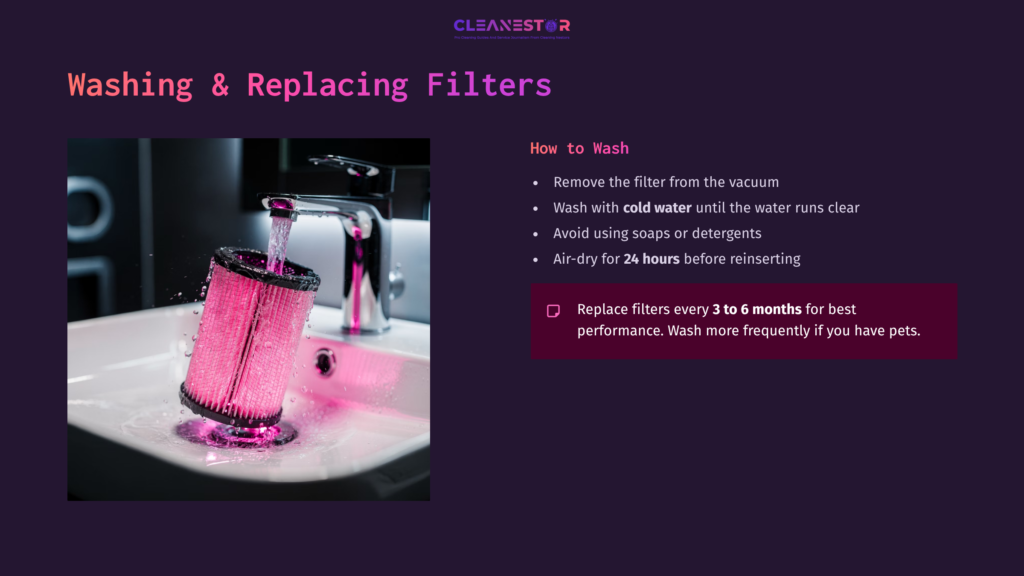 A Pink Vacuum Filter Under Running Water In A White Sink, With Washing Instructions And Replacement Tips Displayed On A Dark Background.