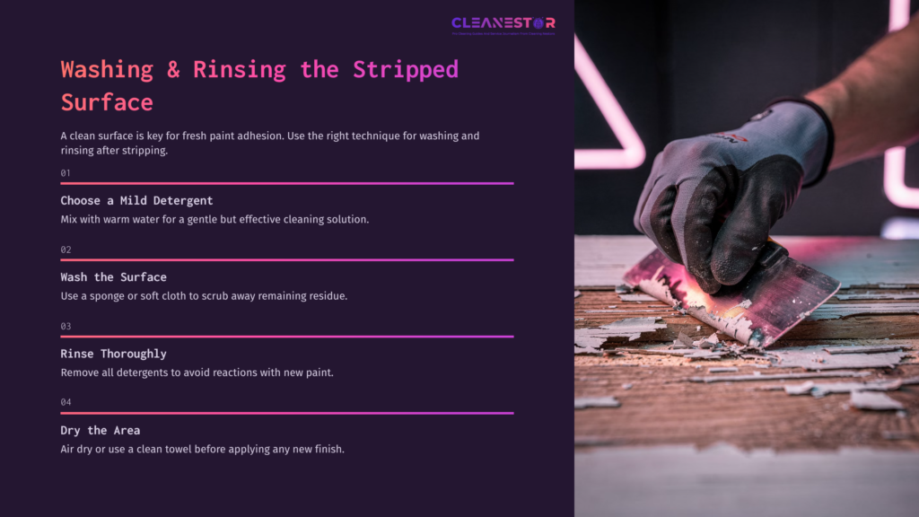 A Gloved Hand Using A Scraper On A Wooden Surface, With Cleaning Instructions Outlined In Purple And Pink Text On The Side.