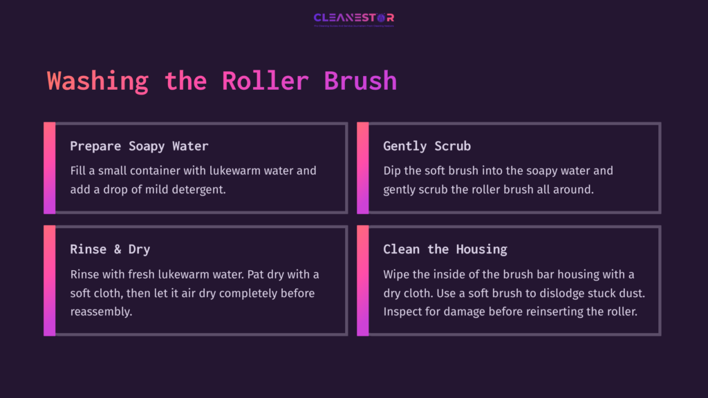 Instructions For Cleaning A Dyson V8 Roller Brush, Featuring Steps In Colorful Boxes: Prepare Soapy Water, Gently Scrub, Rinse &Amp; Dry, Clean Housing.