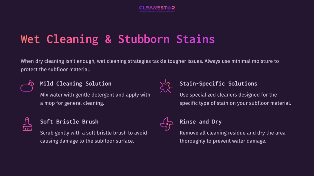 Instructions For Wet Cleaning Subfloors, Featuring A Cleaning Solution, A Brush, And Steps For Stain Removal With Icons On A Purple Background.