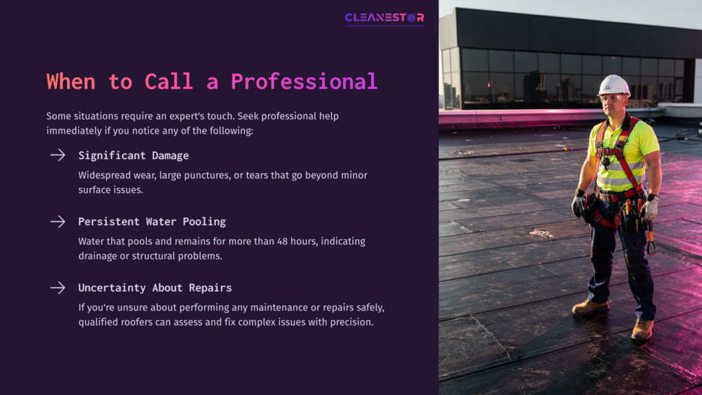 7 When To Call A Professional A Construction Worker In Safety Gear Stands On A Wet Epdm Roof, Emphasizing The Need For Professional Help In Maintenance Situations.