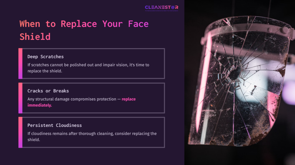 A Face Shield With Deep Scratches And Cracks, Alongside Text Outlining When To Replace It, On A Dark Purple Background.
