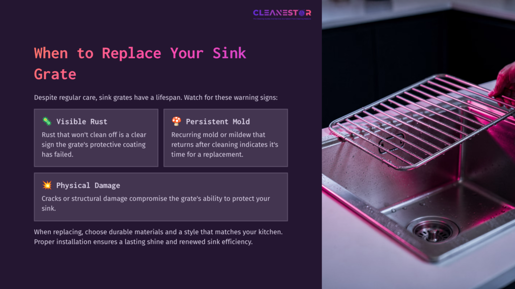 A Pink-Tinted Sink With A Stainless Steel Grate Resting Inside, Alongside Text Discussing Signs For Replacing Sink Grates.