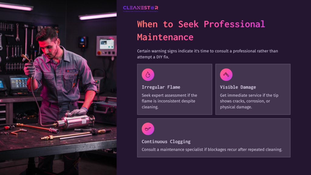 A Technician Inspects A Propane Torch Tip On A Workbench, Surrounded By Tools And An Industrial Backdrop, Highlighting Maintenance Issues.