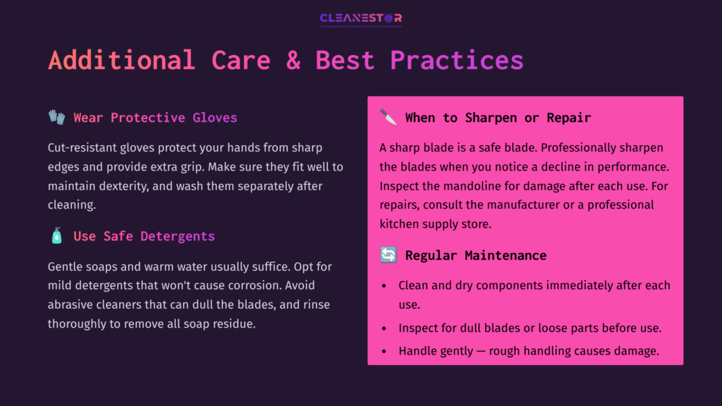 Text On A Gradient Purple Background Detailing Care Tips For A Pampered Chef Mandoline, Including Gloves And Cleaning Guidance.