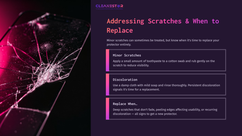 8 Addressing Scratches And When To Replace Graphic Displaying A Cracked Smartphone Screen, With Instructions On Cleaning And Replacing A Zagg Screen Protector In Purple And White Text.