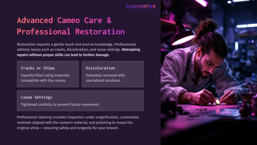 A Workspace Featuring A Person Repairing A Cameo Brooch, Surrounded By Tools And Materials, With A Purple-Toned Background.