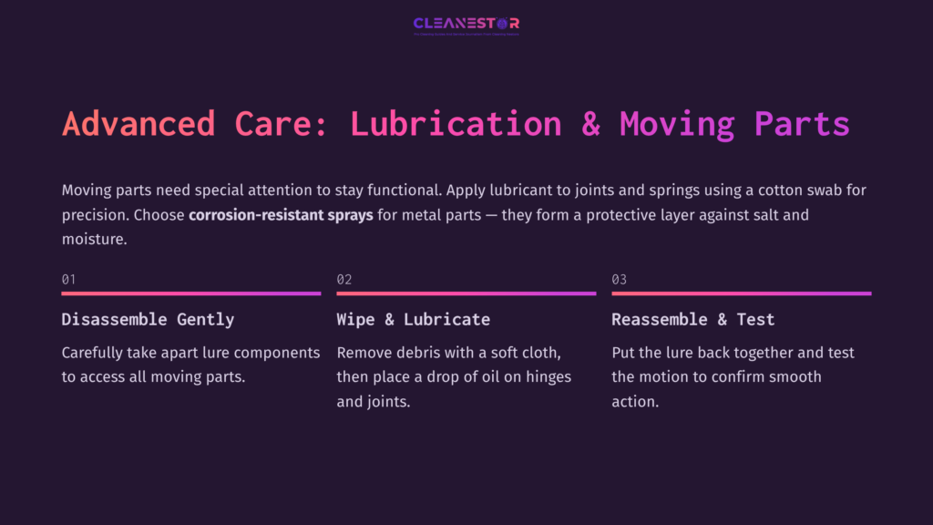 Steps For Cleaning Fishing Lures: Disassembly, Wiping And Lubricating Joints, And Reassembling For Smooth Action, Shown In Purple Text.