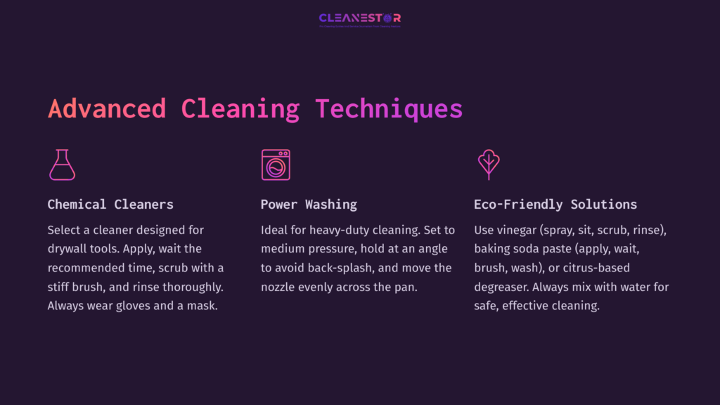 Graphic With A Dark Background Listing Advanced Cleaning Techniques: Chemical Cleaners, Power Washing, And Eco-Friendly Solutions.