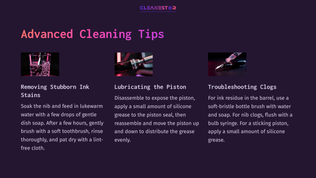 8 Advanced Cleaning Tips Text On A Dark Purple Background Detailing Cleaning Tips For Twsbi Eco Pens, Featuring Highlighted Sections On Removing Ink, Lubricating The Piston, And Troubleshooting With Visuals Of A Pen And Cleaning Tools.